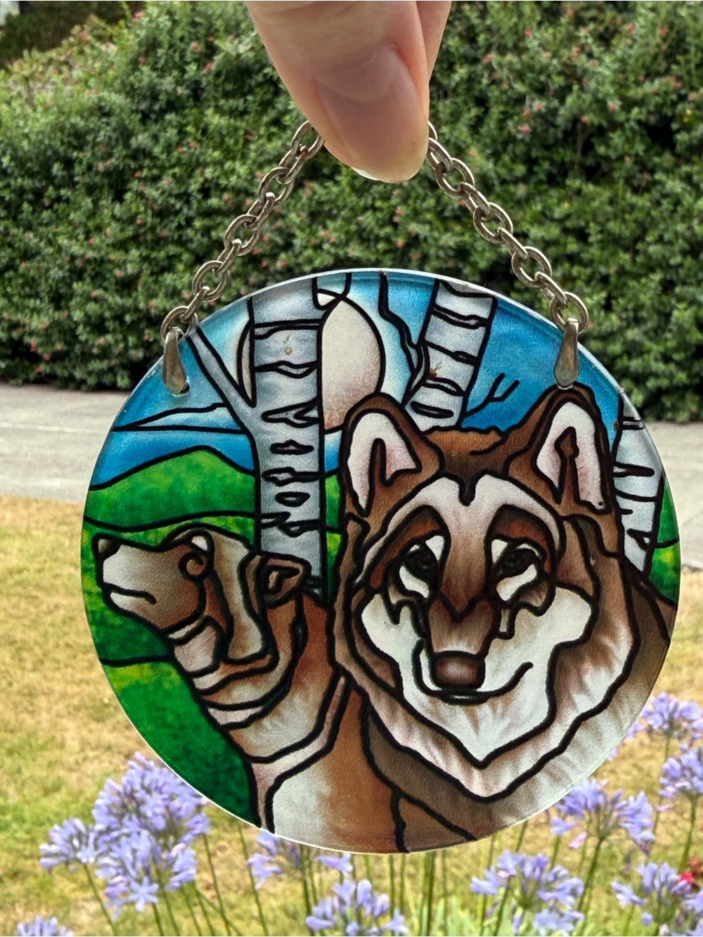 Joan Baker Designs Small Wolf Suncatcher Painted Art Glass